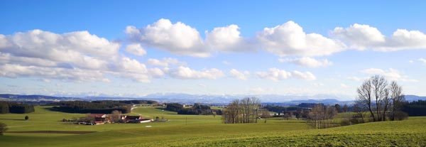Blick ins grüne Allgäu mit Alpenkette am Horizont