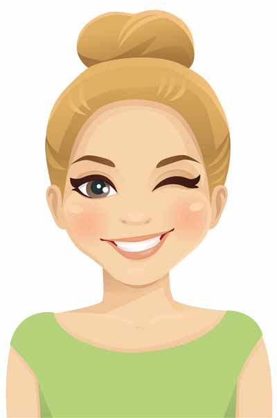 Lächelnder Avatar von Sarah mit blondem Dutt, sie zwinkert mit dem rechten Auge