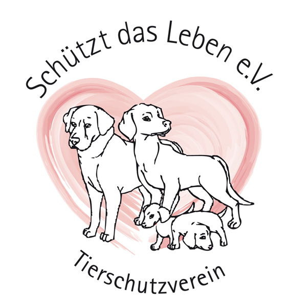 Logo des Tierschutzvereines »Schützt das Leben e. V.« Das Logo zeigt vier gezeichnete Hunde, welche vor einem großen rosa Herz abgebildet sind.