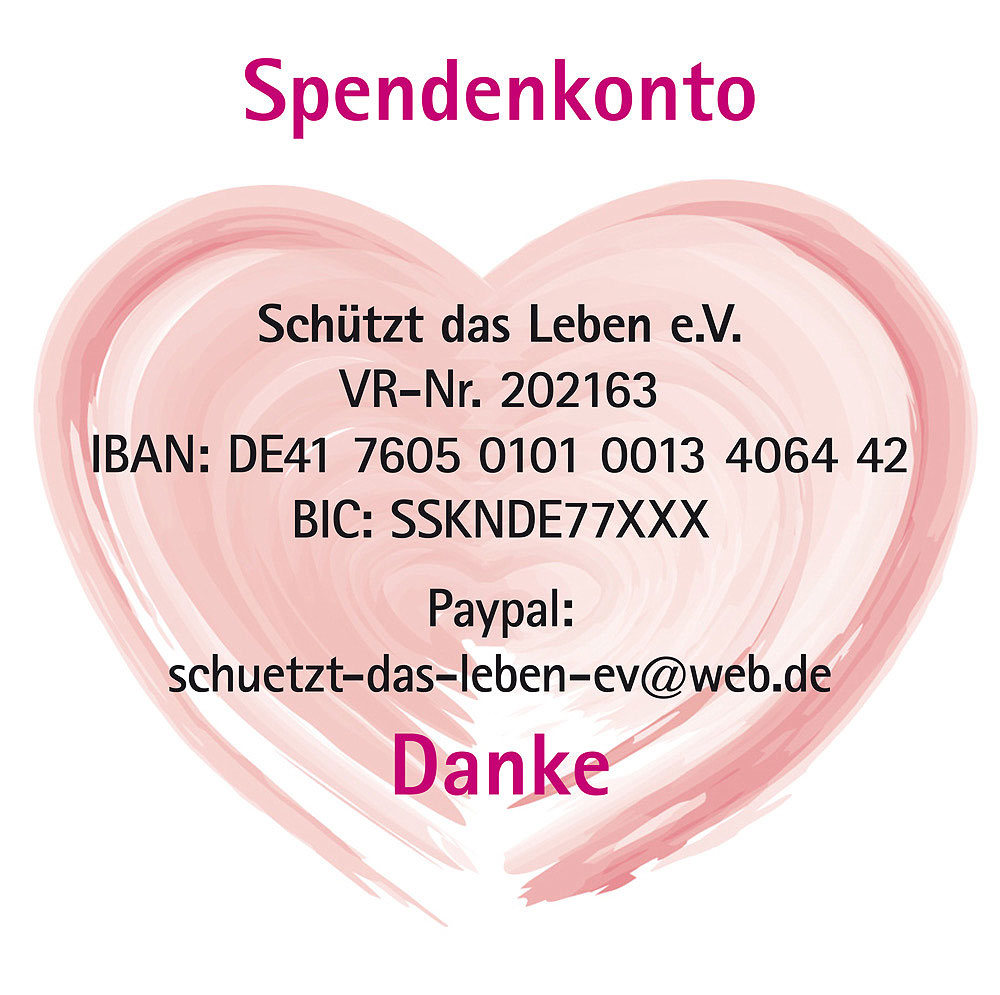 großes rosa Herz, Spendenkonto, Schützt das Leben e. V., Kontodaten, Paypal, Danke