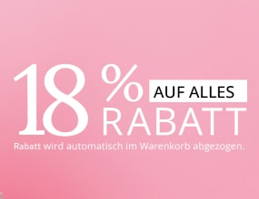 „Rosa Hintergrund mit großem weißen Schriftzug ‚18 % Rabatt‘ und Zusatz ‚Auf alles‘.“