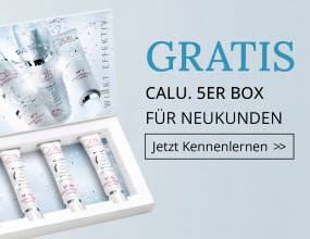 Geöffnete Box mit mehreren Calu Pflegeprodukten und Text „Gratis Calu 5er Box für Neukunden“.