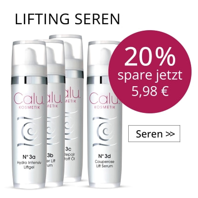 „Angebot für Calu Lifting-Seren. Abgebildet sind vier Serum-Produkte aus der Lifting-Serie. Aktionshinweis: 20 Prozent Rabatt, Ersparnis 5,98 Euro. Schaltfläche: ‚Seren‘.“