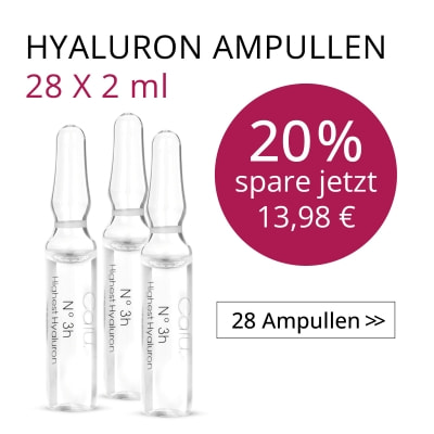 „Angebot für Calu Hyaluron-Ampullen: Packung mit 28 Ampullen à 2 ml. Abgebildet sind drei Hyaluron-Ampullen. Aktionshinweis: 20 Prozent Rabatt, Ersparnis 13,98 Euro. Schaltfläche: ‚28 Ampullen‘.“