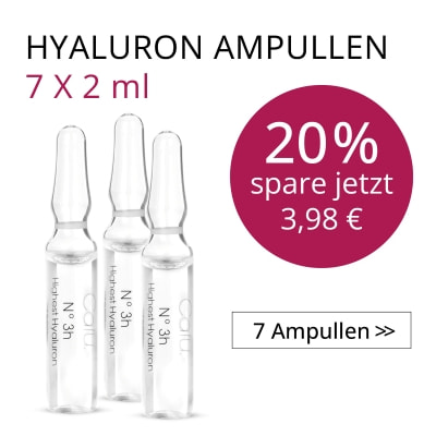 „Angebot für Calu Hyaluron-Ampullen: Packung mit 7 Ampullen à 2 ml. Abgebildet sind drei Hyaluron-Ampullen. Aktionshinweis: 20 Prozent Rabatt, Ersparnis 3,98 Euro. Schaltfläche: ‚7 Ampullen‘.“