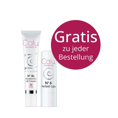 „Zwei Calu Kosmetik-Produkte vor hellem Hintergrund: Hyaluronic Lift Cream und Lippenpflege ‚Perfekt Lips‘. Aktionshinweis: Gratis zu jeder Bestellung.“