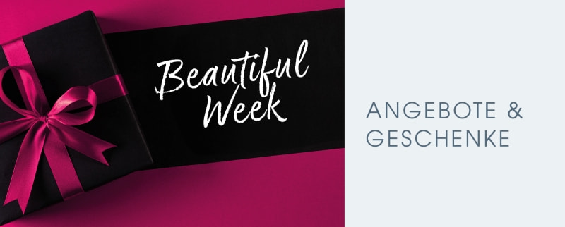 Breites Banner mit pink-schwarzem Hintergrund. Links liegt ein schwarz verpacktes Geschenk mit pinker Schleife. Daneben steht in weißer Schreibschrift „Beautiful Week“. Rechts auf hellgrauem Hintergrund steht in blauer Großschrift „Angebote & Geschenke“.