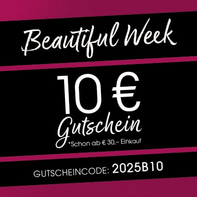 Breites Banner mit pink-schwarzem Hintergrund. Links liegt ein schwarz verpacktes Geschenk mit pinker Schleife. Daneben steht in weißer Schreibschrift „Beautiful Week“. Rechts auf hellgrauem Hintergrund steht inweißer Schrift 10 € Rabatt ab 30 € Einkaufwert mit dem Code 2025B10