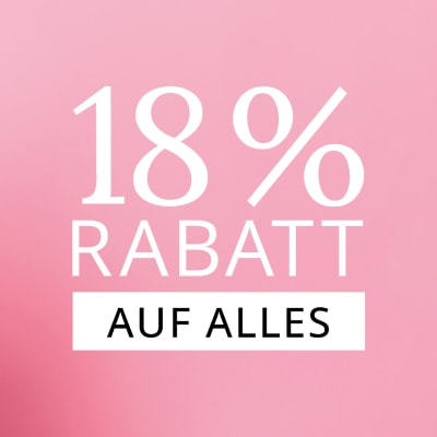 „Rosa Hintergrund mit großem weißen Schriftzug ‚18 % Rabatt‘ und Zusatz ‚Auf alles‘.“