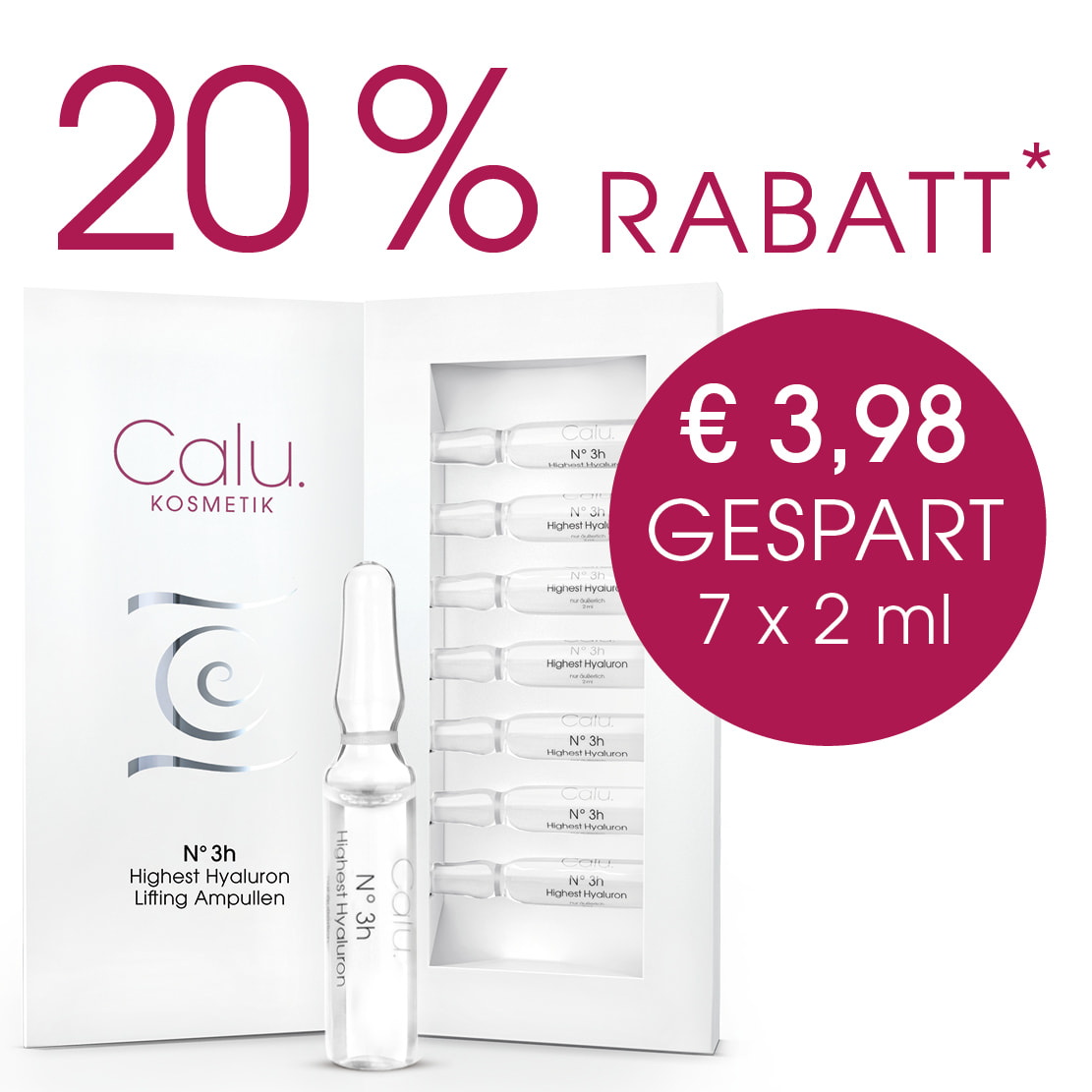 Calu Kosmetik: 20 % Rabatt auf Hyaluron Lifting Ampullen, 7 x 2 ml. Ersparnis 3,98 €.