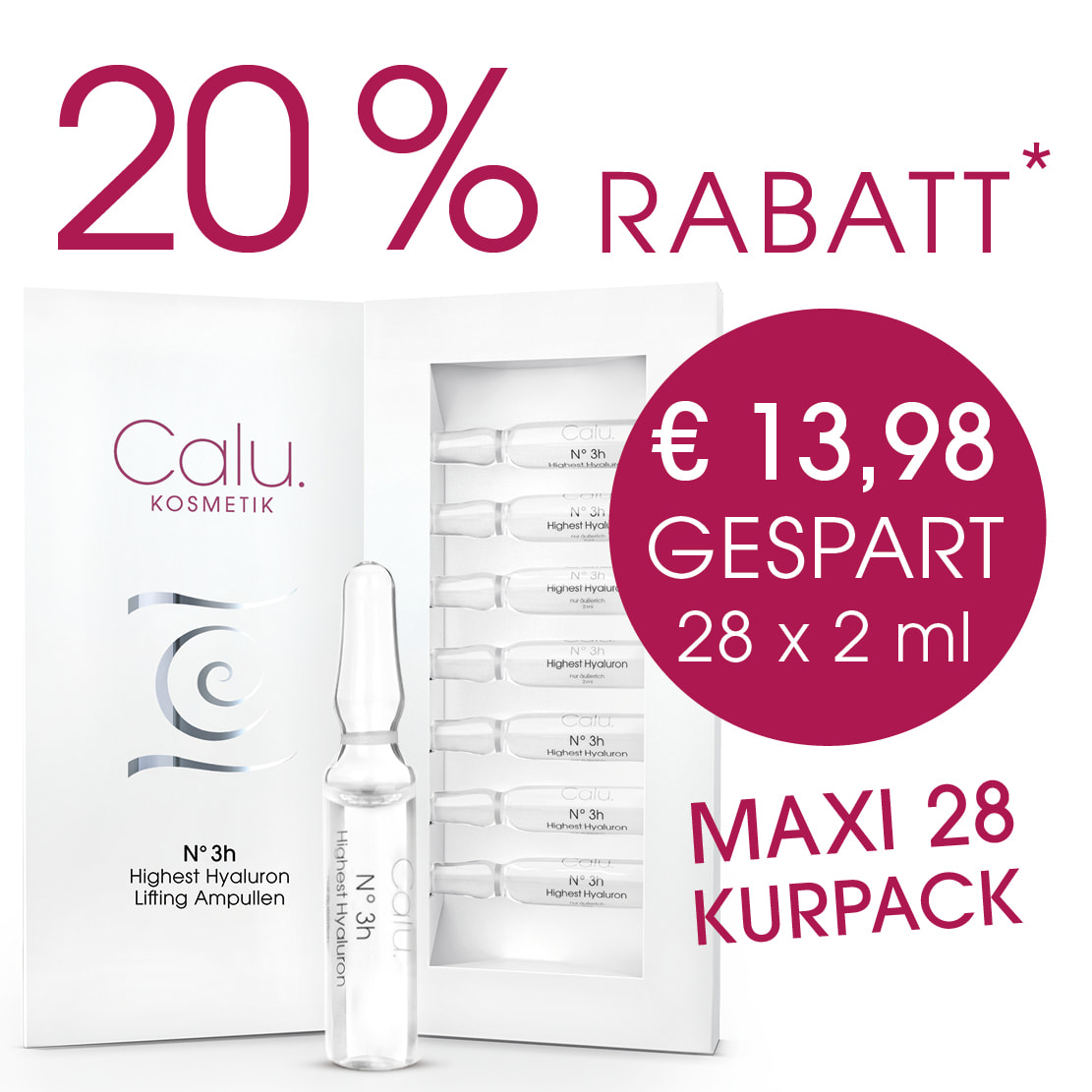 Calu Kosmetik: 20 % Rabatt auf Hyaluron Lifting Ampullen, Maxi Kurpackung mit 28 x 2 ml. Ersparnis 13,98 €