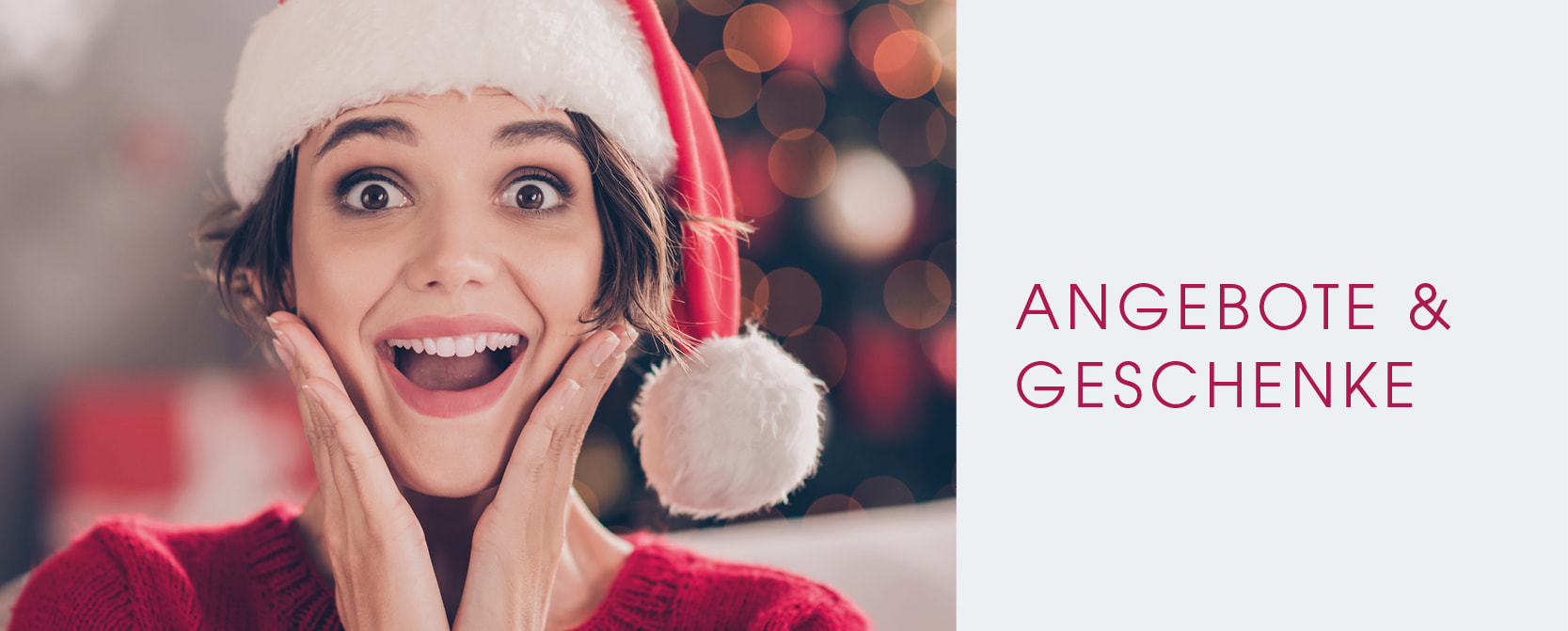 Breites Banner mit pink-schwarzem Hintergrund. Links liegt ein schwarz verpacktes Geschenk mit pinker Schleife. Daneben steht in weißer Schreibschrift „Beautiful Week“. Rechts auf hellgrauem Hintergrund steht in blauer Großschrift „Angebote & Geschenke“.