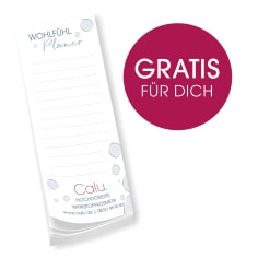 ALT-Text: „Werbung für Calu Kosmetik: Dein Geschenk zu jeder Bestellung. Abgebildet ist ein Wohlfühl Planer / Notizblock.“
