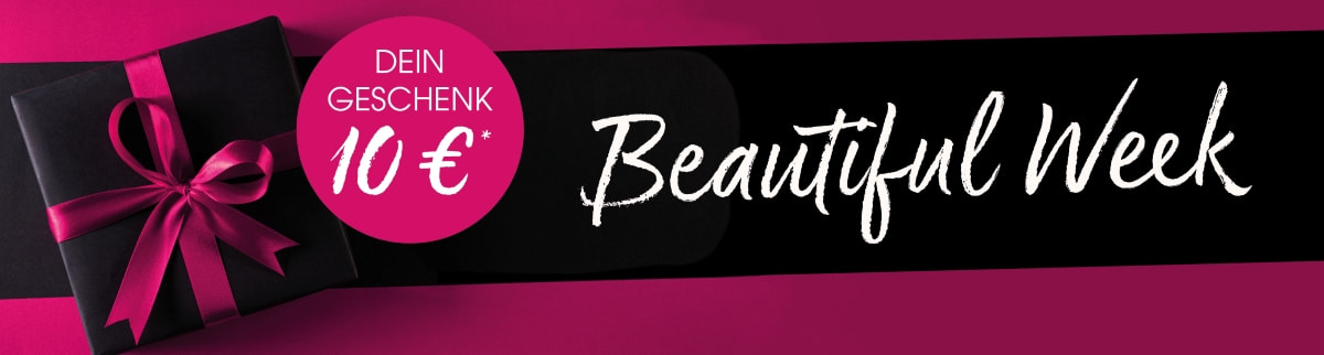 Breites Werbebanner mit pink-schwarzem Design: Links liegt ein schwarz verpacktes Geschenk mit pinker Schleife. Daneben ein pinker Kreis mit der weißen Aufschrift „Dein Geschenk 10 €*“. Rechts steht groß in weißer Pinsel-Schrift „Beautiful Week“ auf einem schwarzen Balke