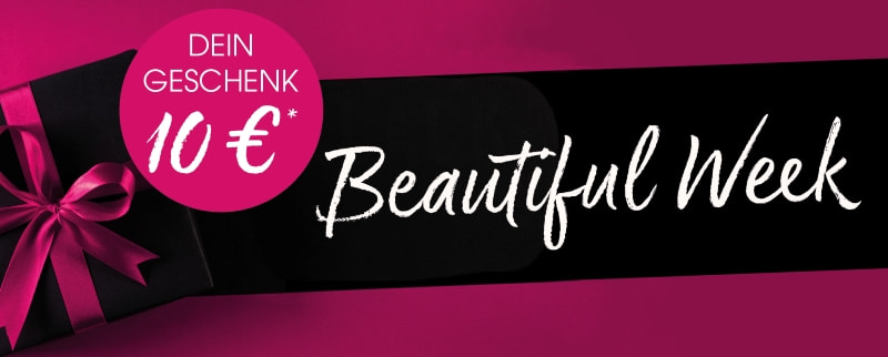 Breites Werbebanner mit pink-schwarzem Design: Links liegt ein schwarz verpacktes Geschenk mit pinker Schleife. Daneben ein pinker Kreis mit der weißen Aufschrift „Dein Geschenk 10 €*“. Rechts steht groß in weißer Pinsel-Schrift „Beautiful Week“ auf einem schwarzen Balke