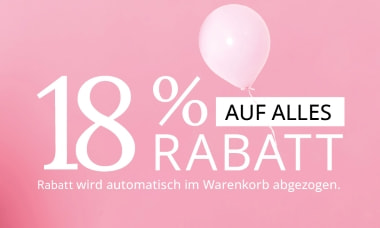 „Rosa Hintergrund mit großem weißen Schriftzug ‚18 % Rabatt‘ und Zusatz ‚Auf alles‘.“