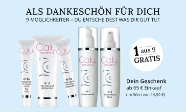 Verschiedene Calu Kosmetikprodukte gruppiert, daneben Kreis mit „1 aus 9 gratis“.