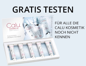 Geöffnete Geschenkbox mit fünf Calu Kosmetik Anti-Aging-Ampullen und dem Hinweis Gratis testen – für alle, die Calu Kosmetik noch nicht kennen“