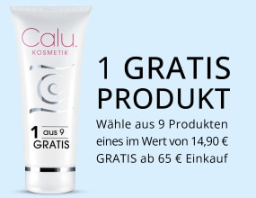 Kosmetiktube mit Aufdruck „1 aus 9 gratis“, daneben Text: „1 Gratis Produkt – wähle aus 9 Produkten ab 65 € Einkauf“.