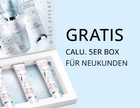 Geöffnete Box mit mehreren Calu Pflegeprodukten und Text „Gratis Calu 5er Box für Neukunden“.
