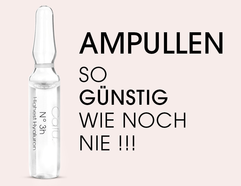 „Produktabbildung einer Calu Hyaluron-Ampulle mit Werbetext: Ampullen so günstig wie noch nie.“