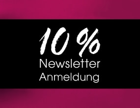 Grafik mit pinkem Rand und schwarzem Mittelstreifen. In weißer Schrift steht groß „10 %“, darunter „Newsletter Anmeldung“.