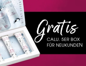 „Werbebild einer Calu Kosmetik Geschenkbox mit fünf Produkten, Text: Gratis Calu 5er Box für Neukunden.“