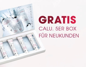 „Werbebild einer Calu Kosmetik Geschenkbox mit fünf Produkten, Text: Gratis Calu 5er Box für Neukunden.“